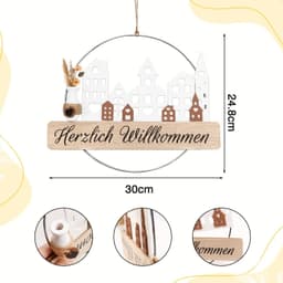 Dried Flower Wreath - “Welcome” Door Wreath Dried Flower Window Decoration Hanging Decoration Personalized Decorative Wreath With “Welcome” Sign Dried Flowers And House, Ø28cm Wall Decoration 4