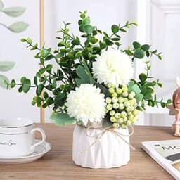 Seasonal Decor—Artificial Hydrangea Flower And Small Ceramic Vase; Artificial Eucalyptus Leaf And Berry Plant; Flower Arrangement For Living Room Decor (White) 5