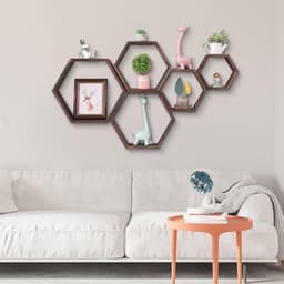 Set Of 5 Hexagonal Wall Shelves, Corner Shelves - Wooden Decorative Shelves For Home Decor Items - In Stock 3