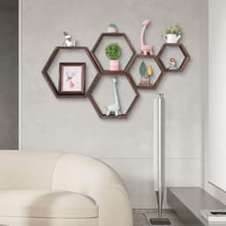 Set Of 5 Hexagonal Wall Shelves, Corner Shelves - Wooden Decorative Shelves For Home Decor Items - In Stock 1