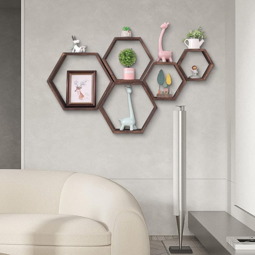 Set Of 5 Hexagonal Wall Shelves, Corner Shelves - Wooden Decorative Shelves For Home Decor Items - In Stock