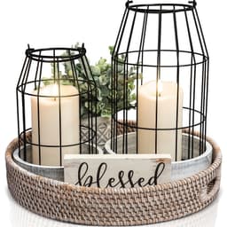 2-piece Rustic Lantern Set In A Country House Style—candle Holders Made Of White Wood And Metal With Wire Accents, Perfect For Decorating The Living Room, The Mantel, And As A Table Centerpiece 4