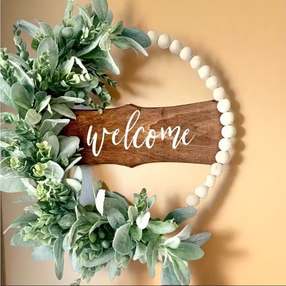 1 Handcrafted Wood Bead Wreath – Boho-Farmhouse Spring Wreath With Artificial Flowers And A “Welcome