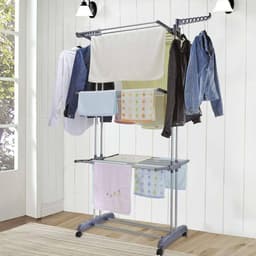 3 Tier Foldable Clothes Drying Rack Mobile Laundry Dryer Tower With Lockable Wheels And Side Hanger Wings 35kg Load 2