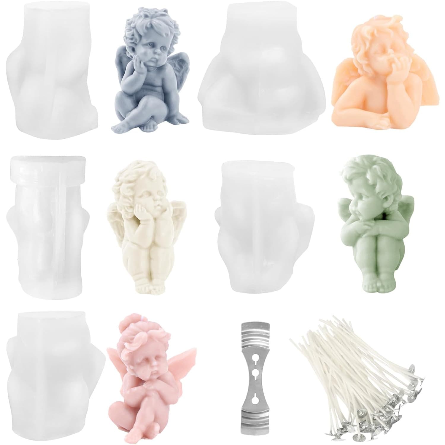 5-Piece Candle Mold Set, DIY 3D Angel Mold With Wicks For Handmade Chocolate And Soap Candle Making
