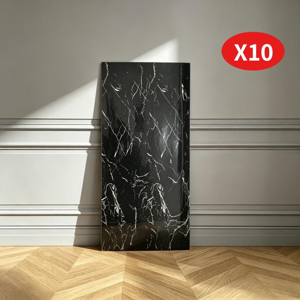 Pack Of 10 Black Tile Stickers, 30 X 60 Cm, Marble Look, Black, Self-adhesive, Modern, Glossy Finish
